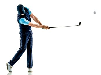 one caucasian man golfer golfing in studio isolated on white background